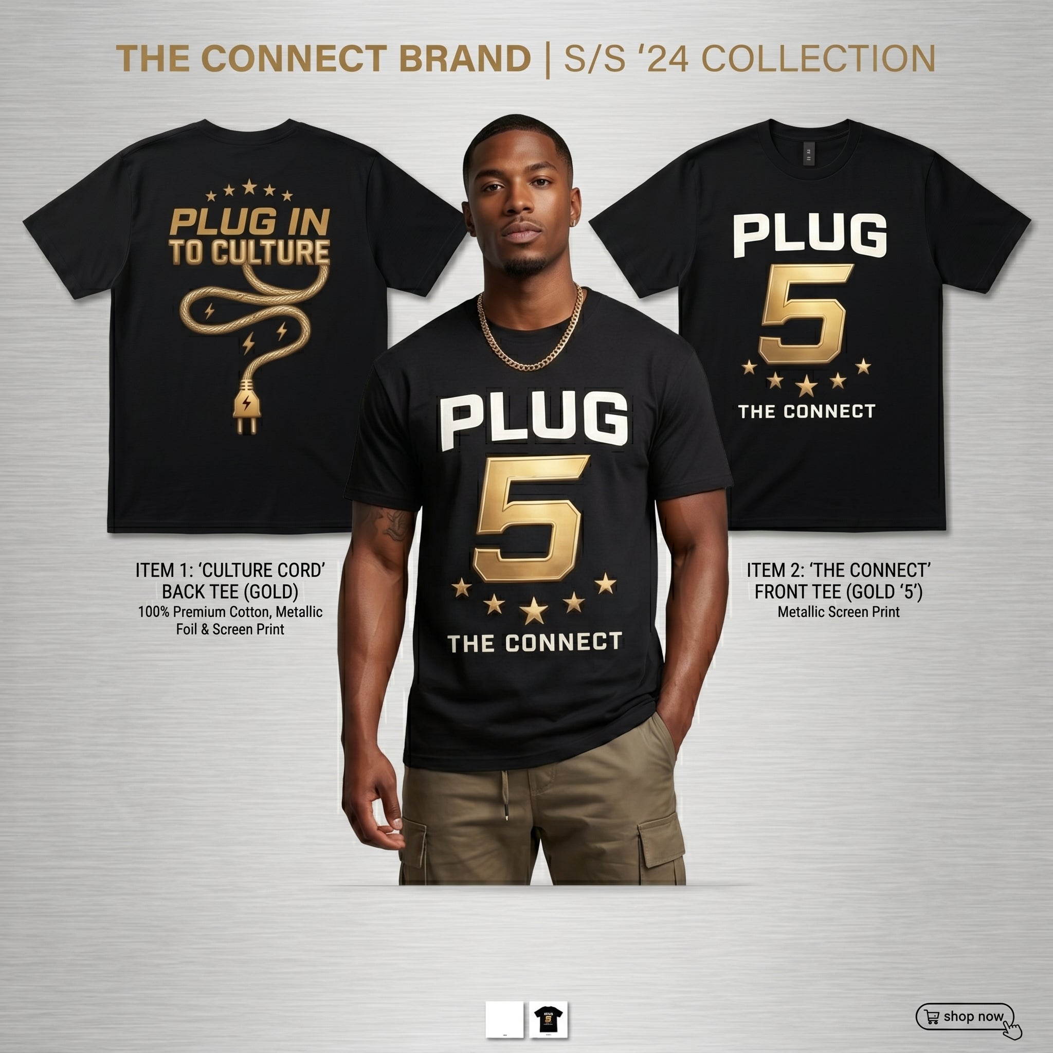 Plug 5 Tee — The Connect (Black/Gold)